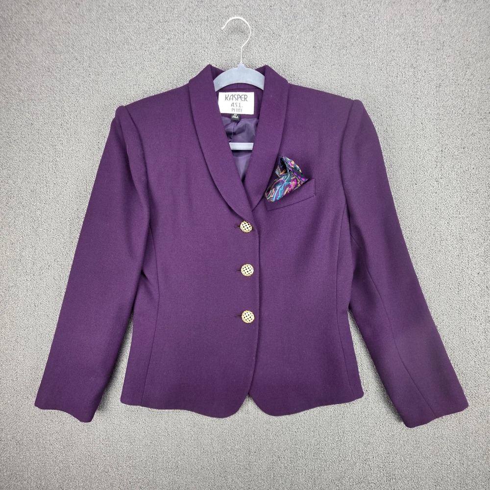 Kasper ASL Petite Wool Blazer Women Purple Shawl Collar Gold Button 6P